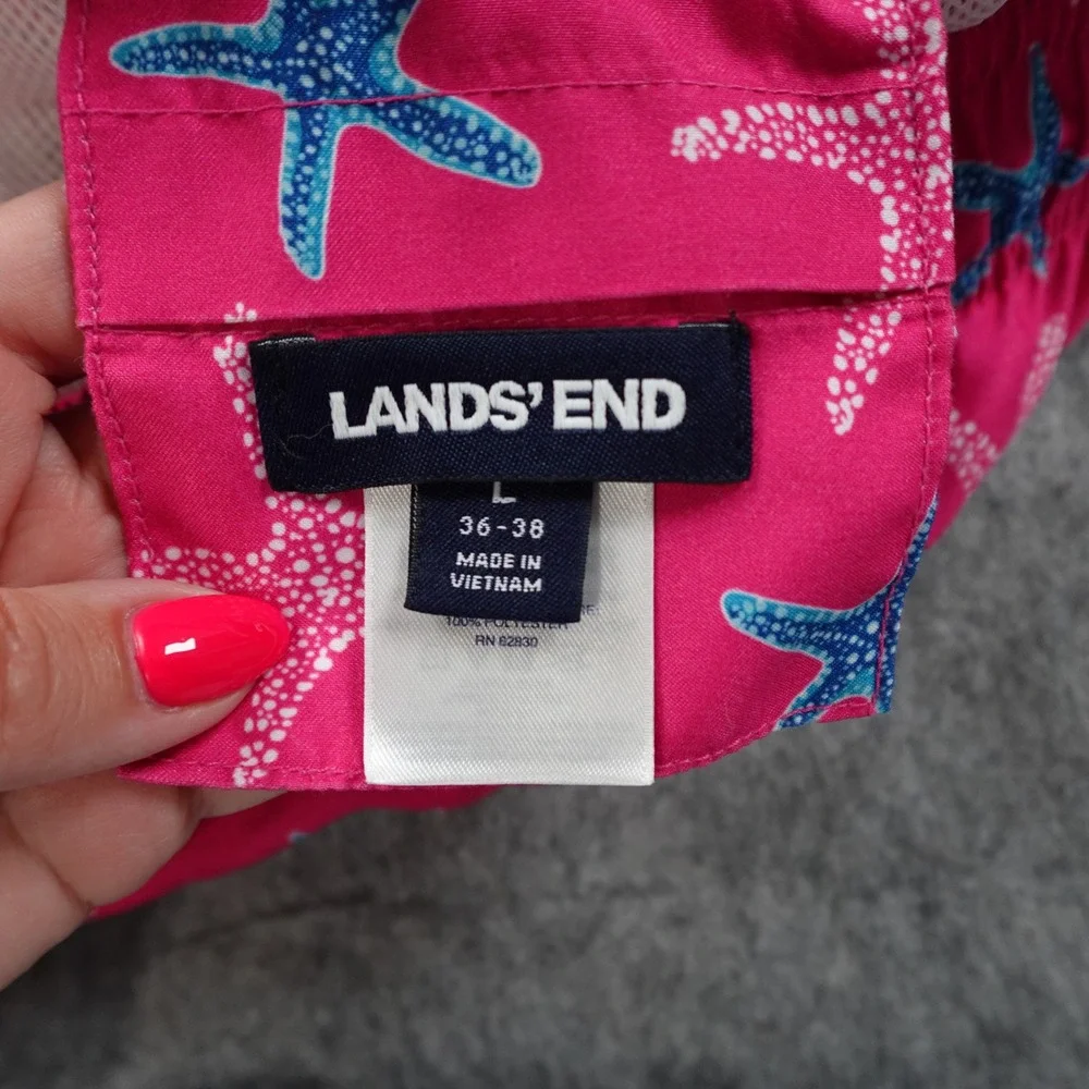Lands End Shorts Mens Large Pink‎ Starfish Print Elastic Waist Drawstring Beach